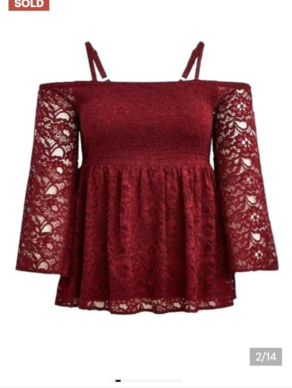 Torrid Babydoll Lace Smocked Cold Shoulder Top Women 5X 24/26 Burgundy Wine